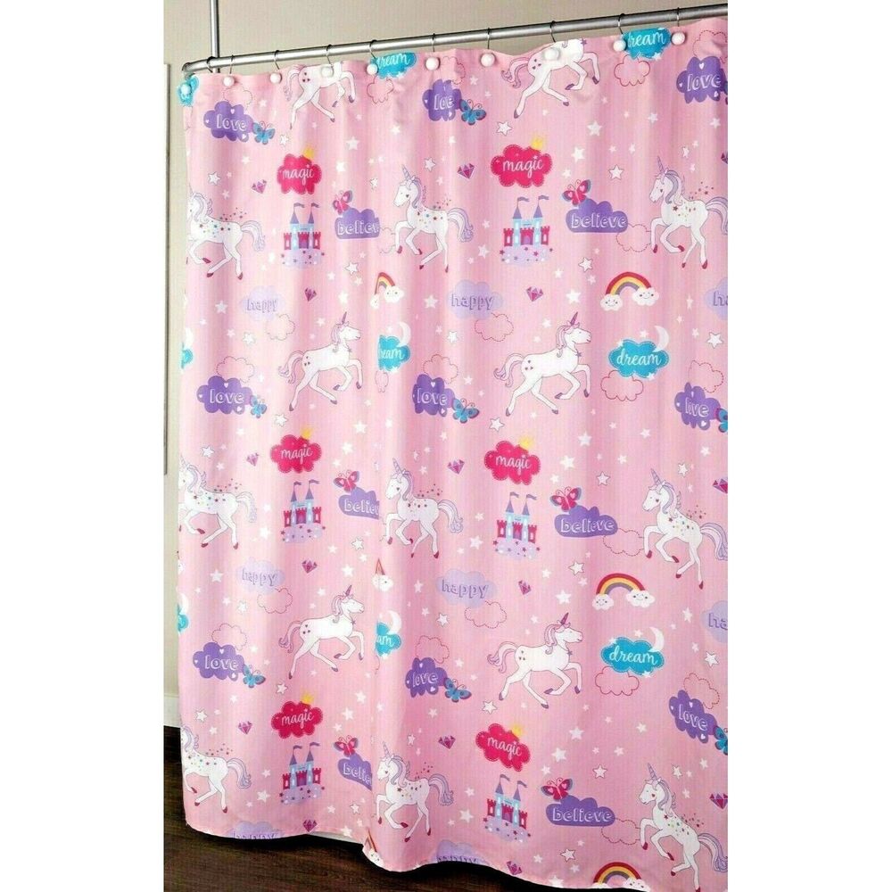 Fairytale Unicorn Castle Shower Curtain Fabric Bath Purple Pink Blue Bath NEW